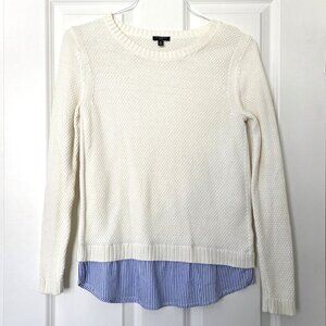 Talbots Ivory Knit Sweater w Blue Striped Faux Shirt Tail Hem